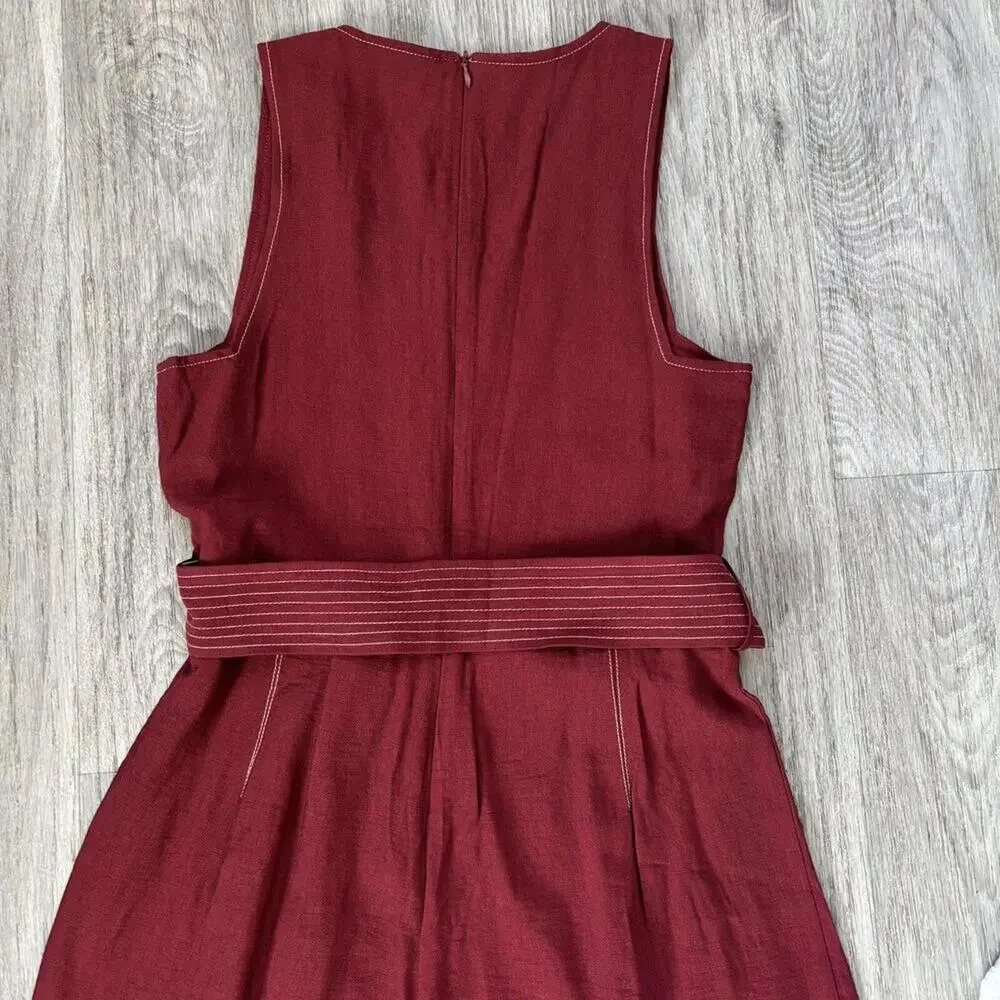 MANGO Women's Burgundy Belted Jumpsuit Small V Neck Viscose S nwt - Picture 6 of 8